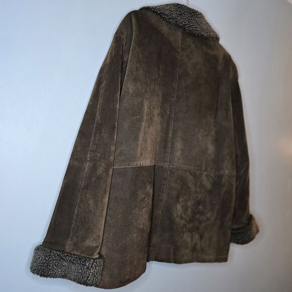 Fashion Elements Vintage Suede Leather Jacket Button Up Sherpa Trim Brown L - Picture 7 of 11